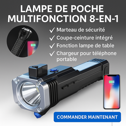 Lampe de Poche LED de Sécurité 8-en-1 Rechargeable