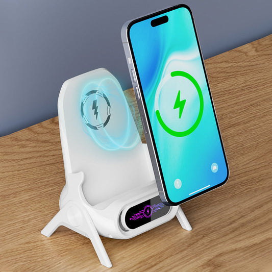 Support de Téléphone 3-en-1 avec Chargeur Sans Fil - Compatible MagSafe, Écran LCD et Nettoyage des Cables